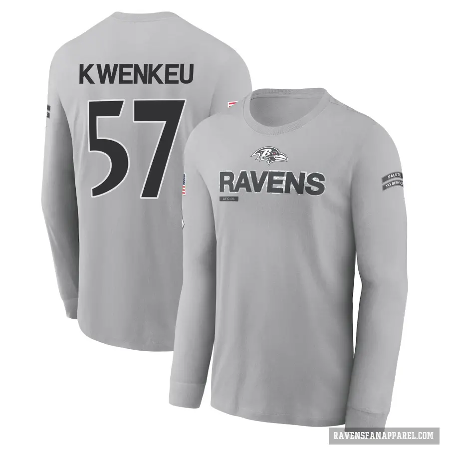 Men's ＃57 William Kwenkeu Baltimore Ravens Gray 2024 Salute to Service Long Sleeve T-Shirt