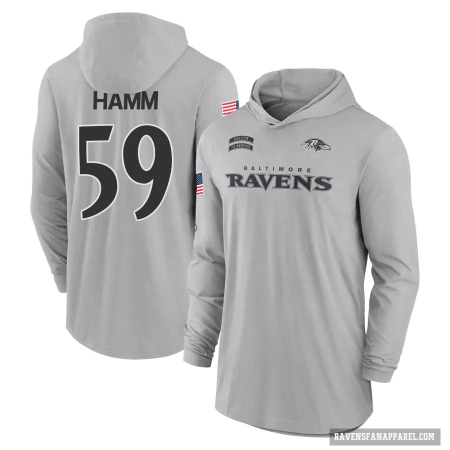 Men's ＃59 Malik Hamm Baltimore Ravens Gray 2024 Salute to Service Lightweight Performance Long Sleeve Hooded T-Shirt