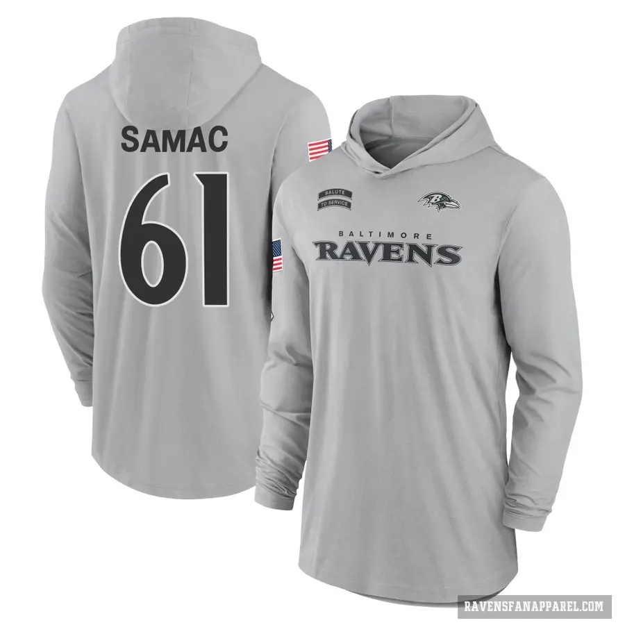 Men's ＃61 Nick Samac Baltimore Ravens Gray 2024 Salute to Service Lightweight Performance Long Sleeve Hooded T-Shirt