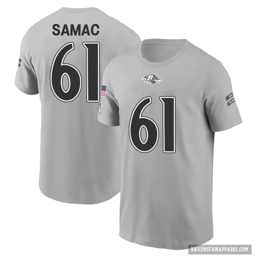 Men's ＃61 Nick Samac Baltimore Ravens Gray 2024 Salute to Service T-Shirt