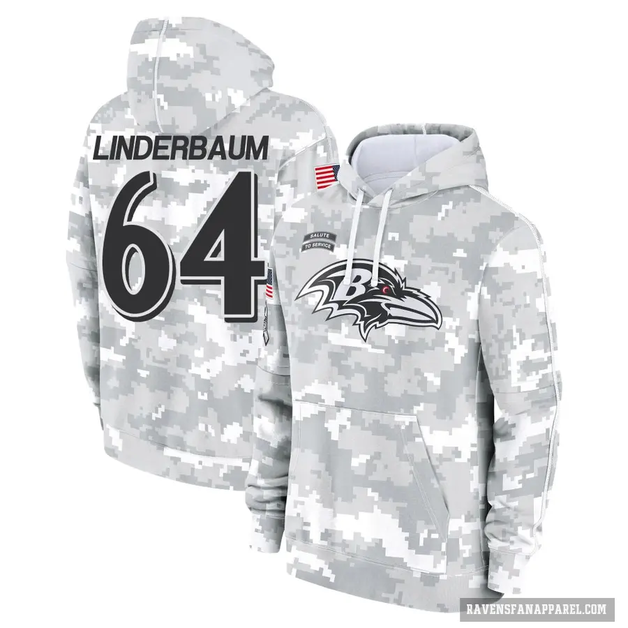 Men's ＃64 Tyler Linderbaum Baltimore Ravens Arctic Camo 2024 Salute to Service Club Fleece Pullover Hoodie