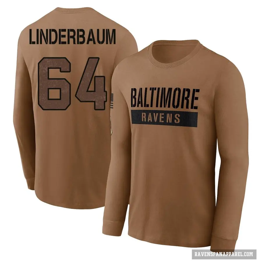 Men's ＃64 Tyler Linderbaum Baltimore Ravens Brown / 2023 Salute To Service Long Sleeve T-Shirt