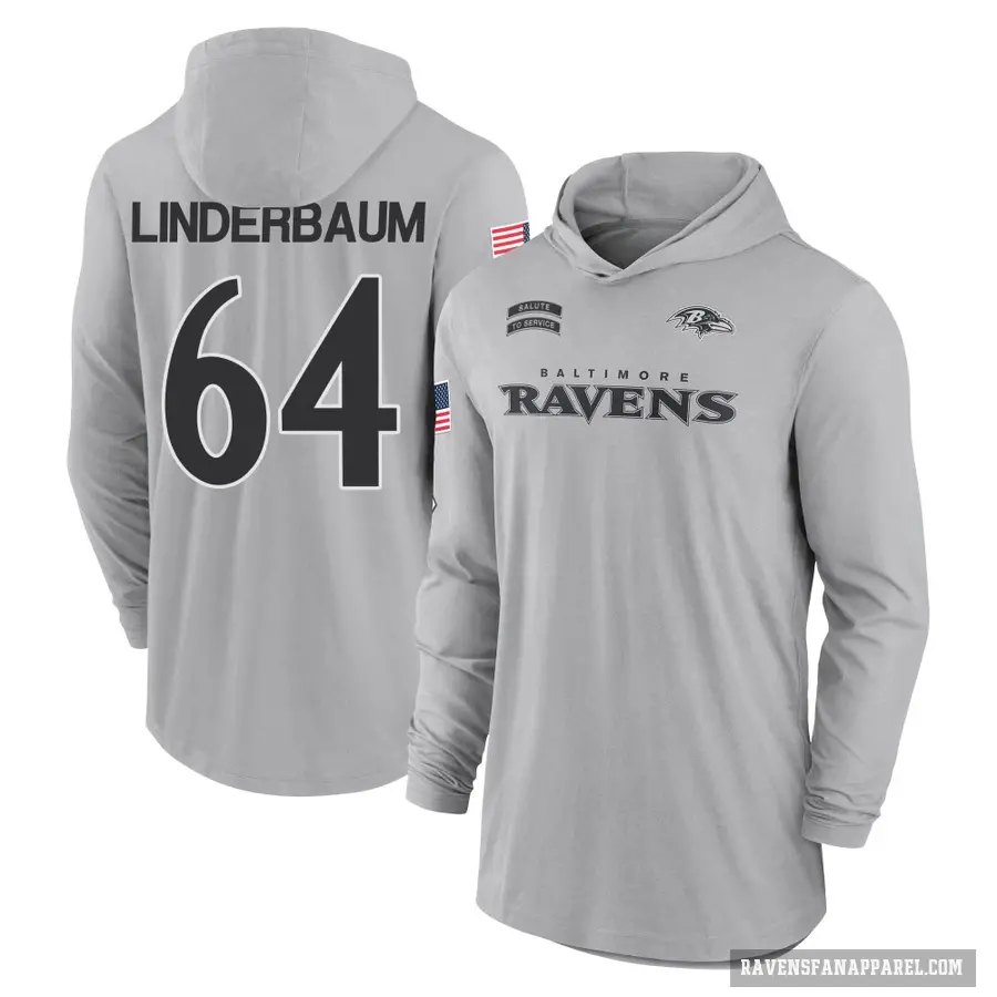 Men's ＃64 Tyler Linderbaum Baltimore Ravens Gray 2024 Salute to Service Lightweight Performance Long Sleeve Hooded T-Shirt