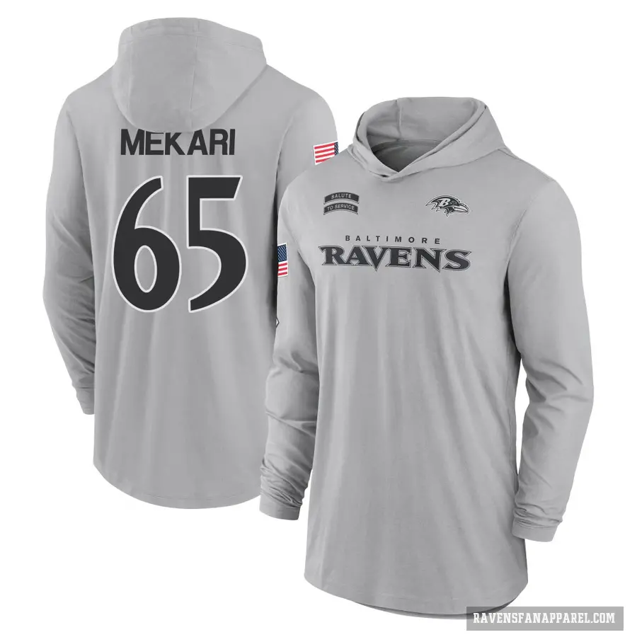 Men's ＃65 Patrick Mekari Baltimore Ravens Gray 2024 Salute to Service Lightweight Performance Long Sleeve Hooded T-Shirt