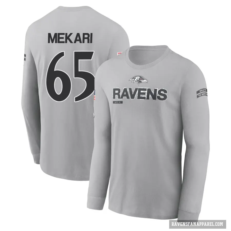 Men's ＃65 Patrick Mekari Baltimore Ravens Gray 2024 Salute to Service Long Sleeve T-Shirt