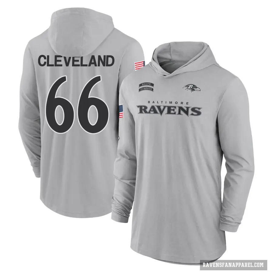 Men's ＃66 Ben Cleveland Baltimore Ravens Gray 2024 Salute to Service Lightweight Performance Long Sleeve Hooded T-Shirt