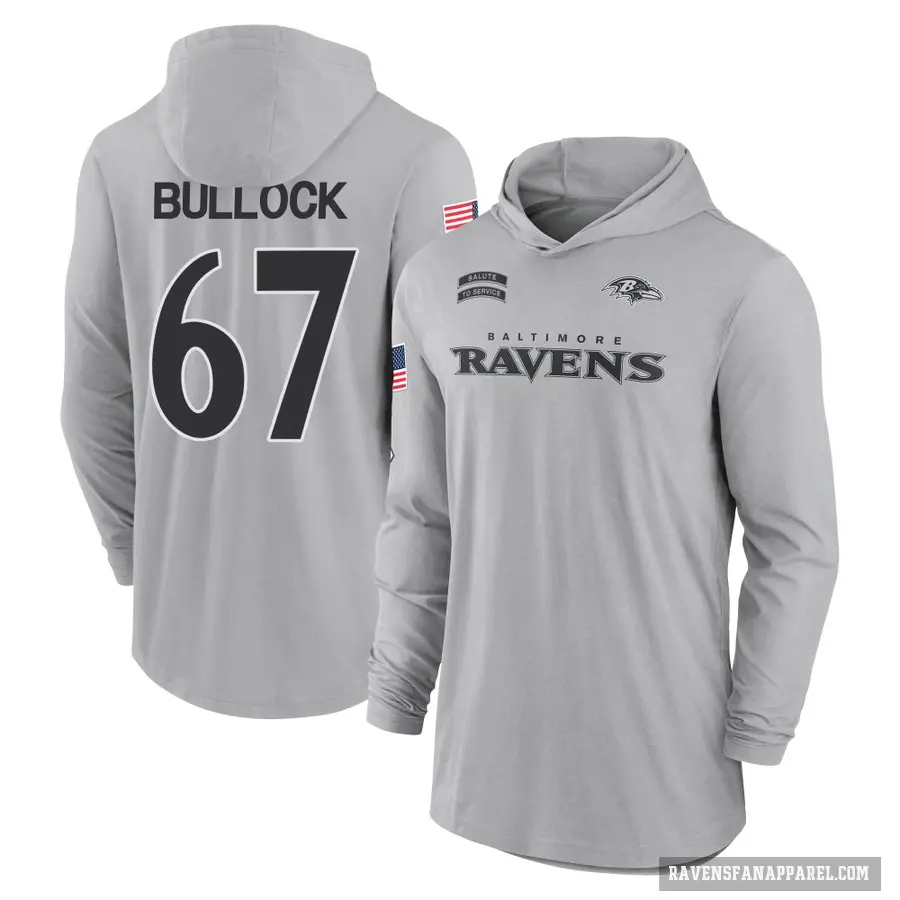 Men's ＃67 Corey Bullock Baltimore Ravens Gray 2024 Salute to Service Lightweight Performance Long Sleeve Hooded T-Shirt