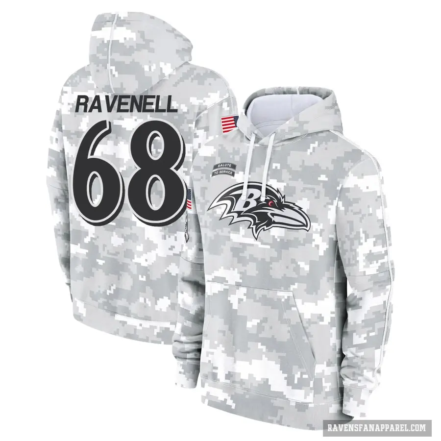 Men's ＃68 C.J. Ravenell Baltimore Ravens Arctic Camo 2024 Salute to Service Club Fleece Pullover Hoodie