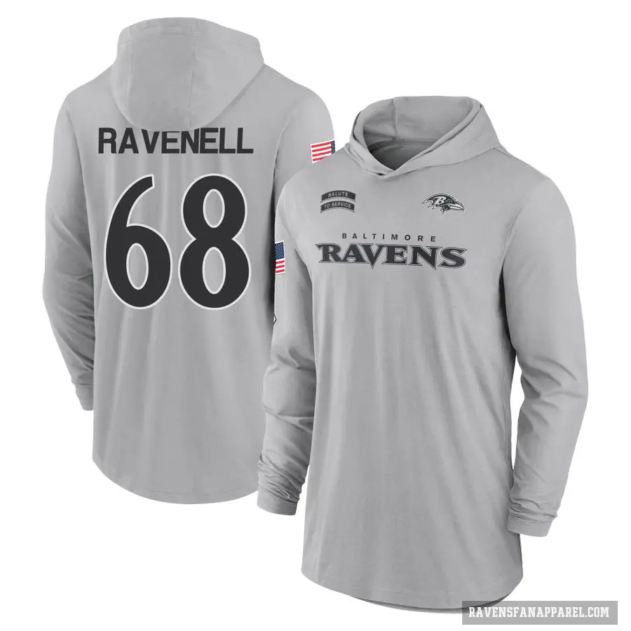 Men's ＃68 C.J. Ravenell Baltimore Ravens Gray 2024 Salute to Service Lightweight Performance Long Sleeve Hooded T-Shirt