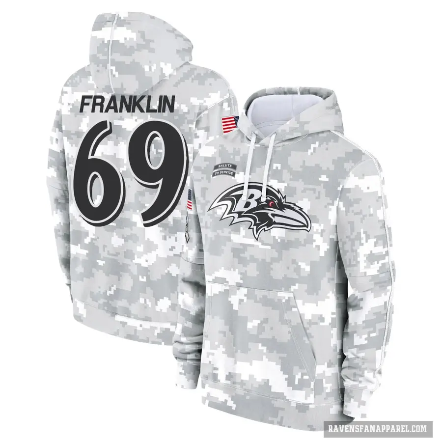 Men's ＃69 Ja'Mion Franklin Baltimore Ravens Arctic Camo 2024 Salute to Service Club Fleece Pullover Hoodie