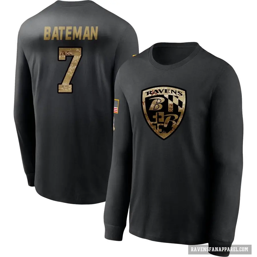 Men's ＃7 Rashod Bateman Baltimore Ravens Black 2020 Salute To Service Sideline Performance Long Sleeve T-Shirt