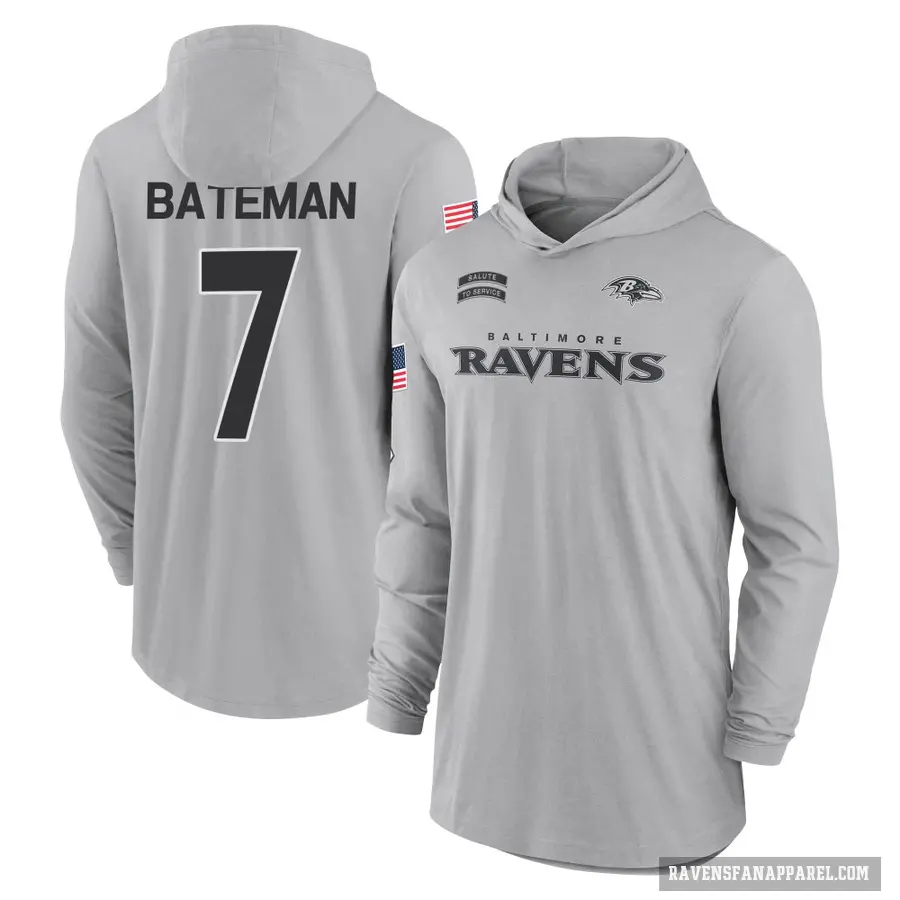 Men's ＃7 Rashod Bateman Baltimore Ravens Gray 2024 Salute to Service Lightweight Performance Long Sleeve Hooded T-Shirt