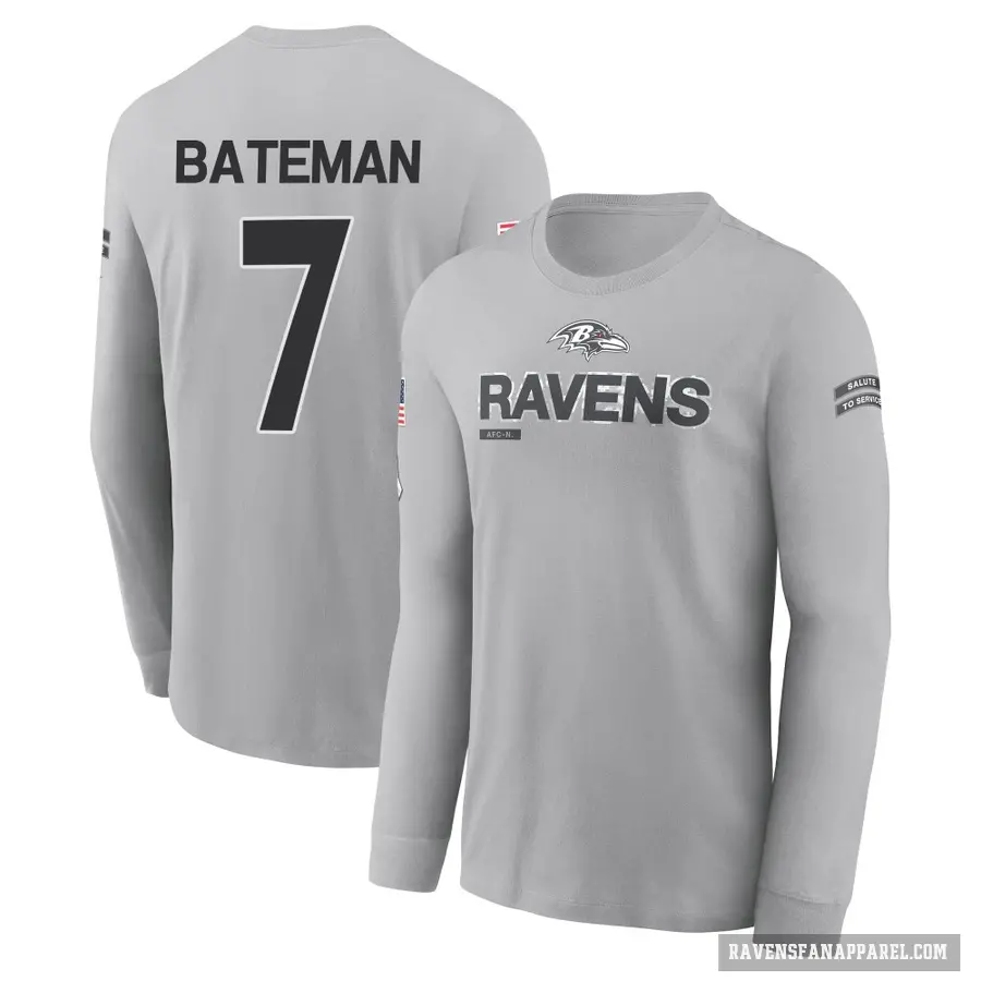 Men's ＃7 Rashod Bateman Baltimore Ravens Gray 2024 Salute to Service Long Sleeve T-Shirt