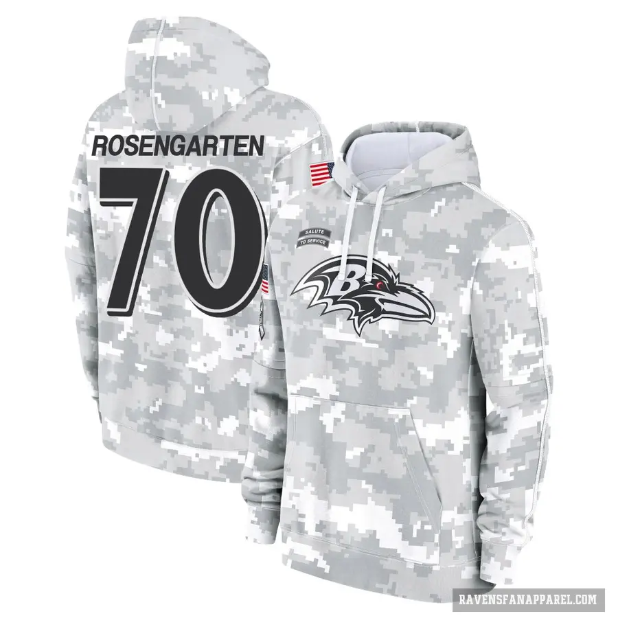 Men's ＃70 Roger Rosengarten Baltimore Ravens Arctic Camo 2024 Salute to Service Club Fleece Pullover Hoodie