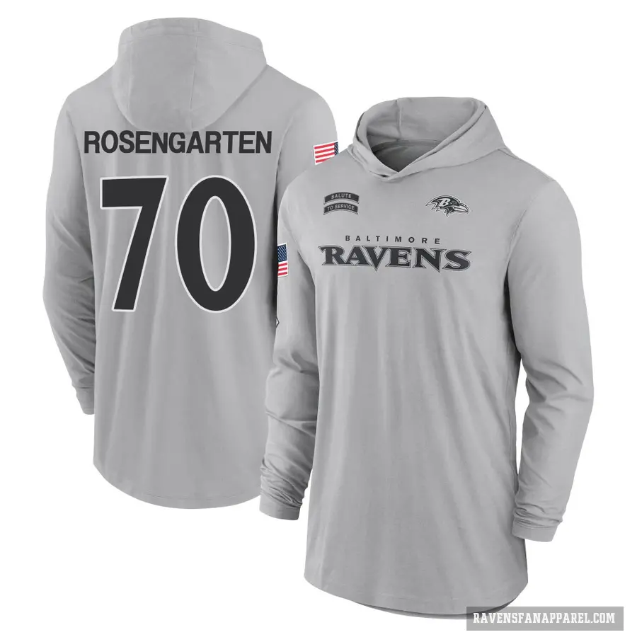 Men's ＃70 Roger Rosengarten Baltimore Ravens Gray 2024 Salute to Service Lightweight Performance Long Sleeve Hooded T-Shirt