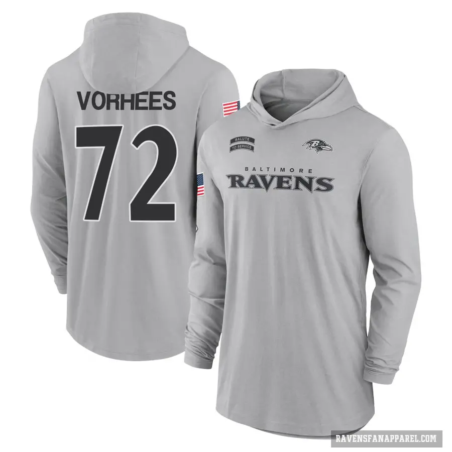 Men's ＃72 Andrew Vorhees Baltimore Ravens Gray 2024 Salute to Service Lightweight Performance Long Sleeve Hooded T-Shirt