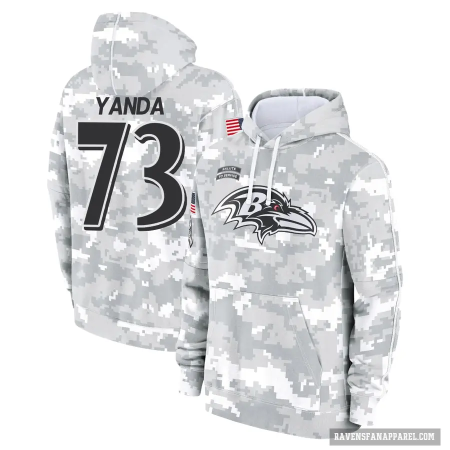 Men's ＃73 Marshal Yanda Baltimore Ravens Arctic Camo 2024 Salute to Service Club Fleece Pullover Hoodie