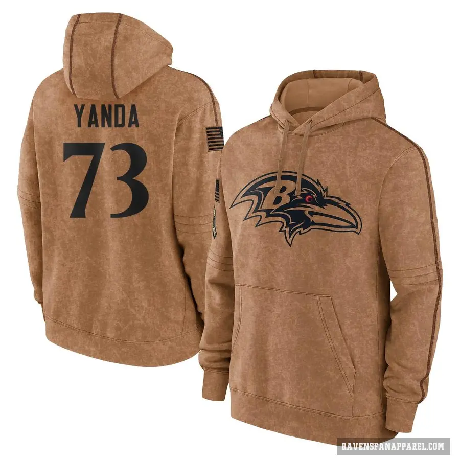 Men's ＃73 Marshal Yanda Baltimore Ravens Brown 2023 Salute To Service Club Pullover Hoodie