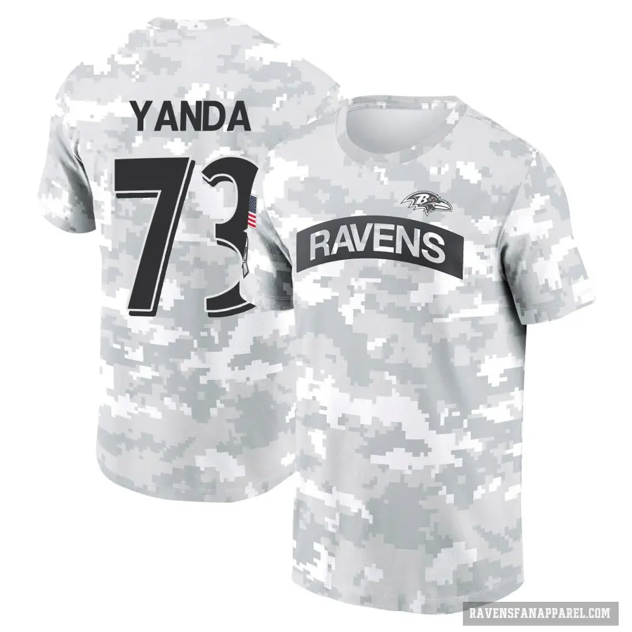 Men's ＃73 Marshal Yanda Baltimore Ravens Camo Arctic 2024 Salute to Service Performance T-Shirt