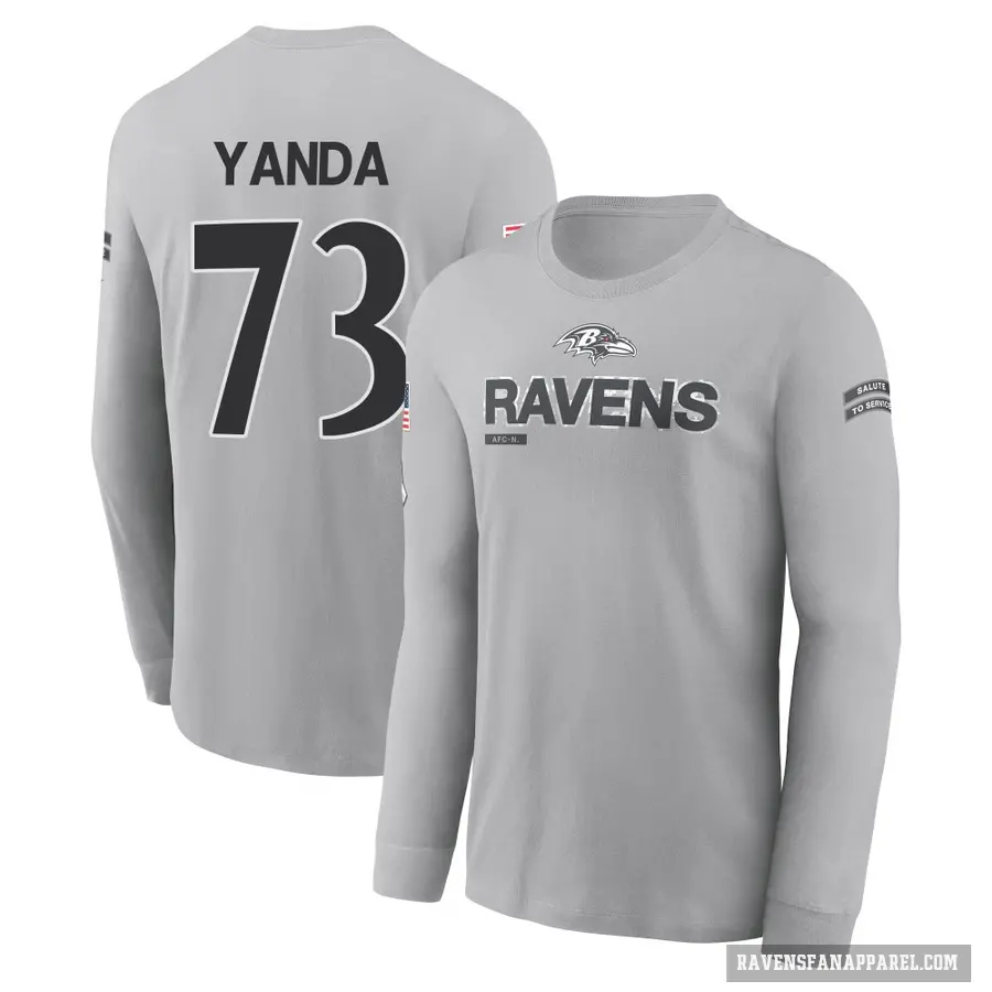 Men's ＃73 Marshal Yanda Baltimore Ravens Gray 2024 Salute to Service Long Sleeve T-Shirt