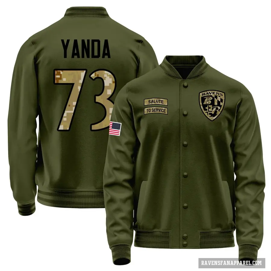 Men's ＃73 Marshal Yanda Baltimore Ravens Olive Salute to Service Sideline Performance Jacket