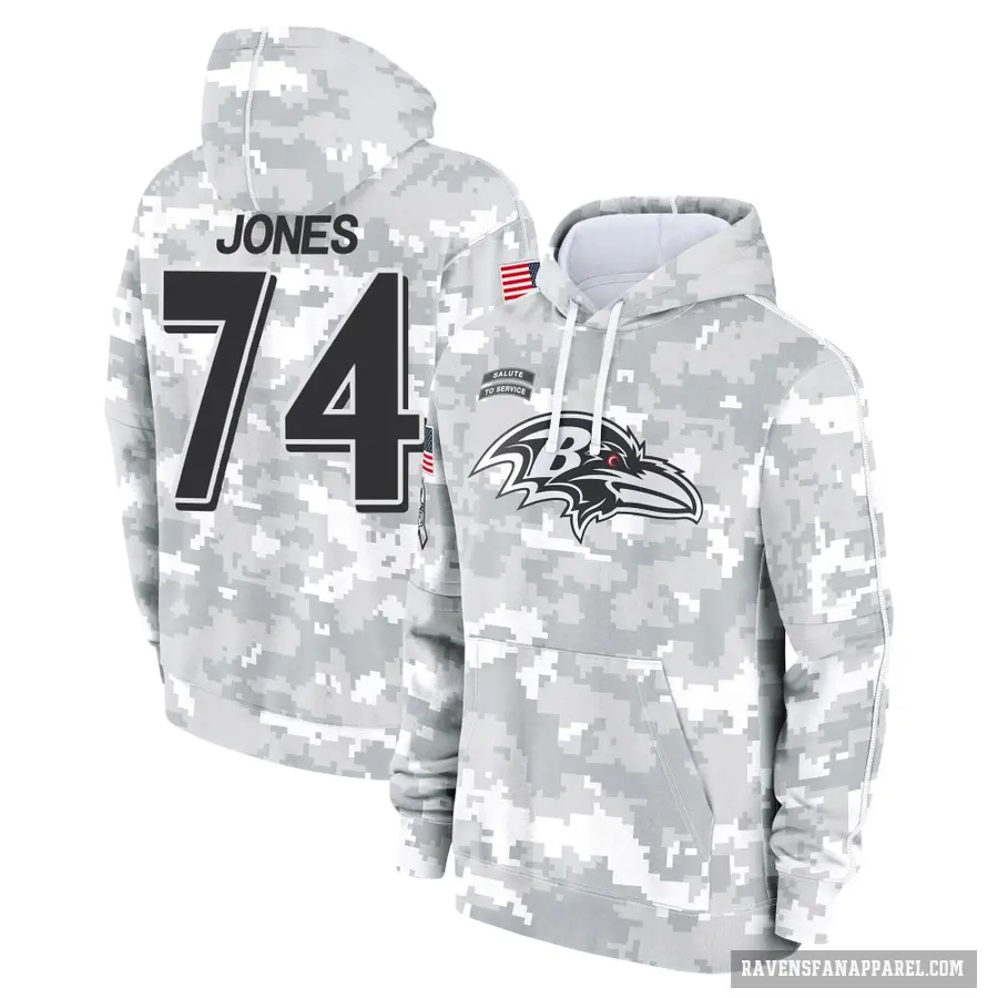 Men's ＃74 Josh Jones Baltimore Ravens Arctic Camo 2024 Salute to Service Club Fleece Pullover Hoodie