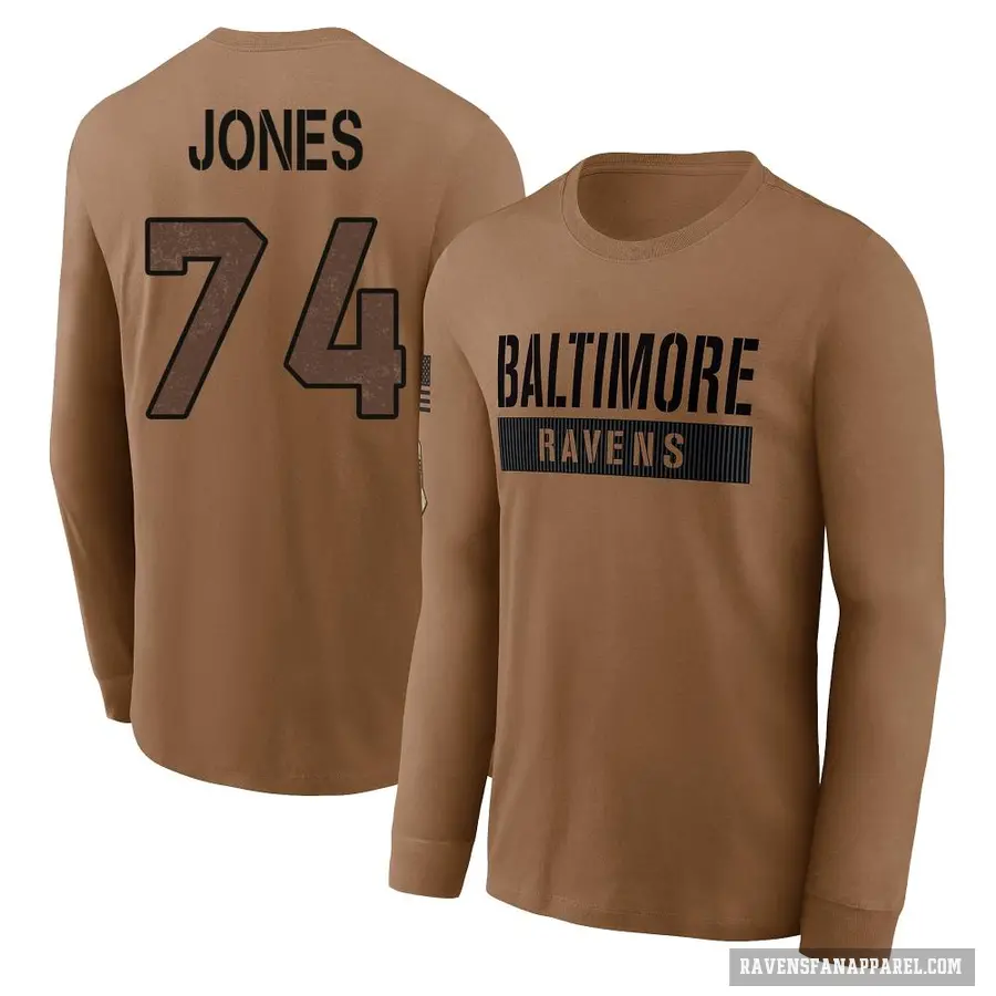 Men's ＃74 Josh Jones Baltimore Ravens Brown / 2023 Salute To Service Long Sleeve T-Shirt