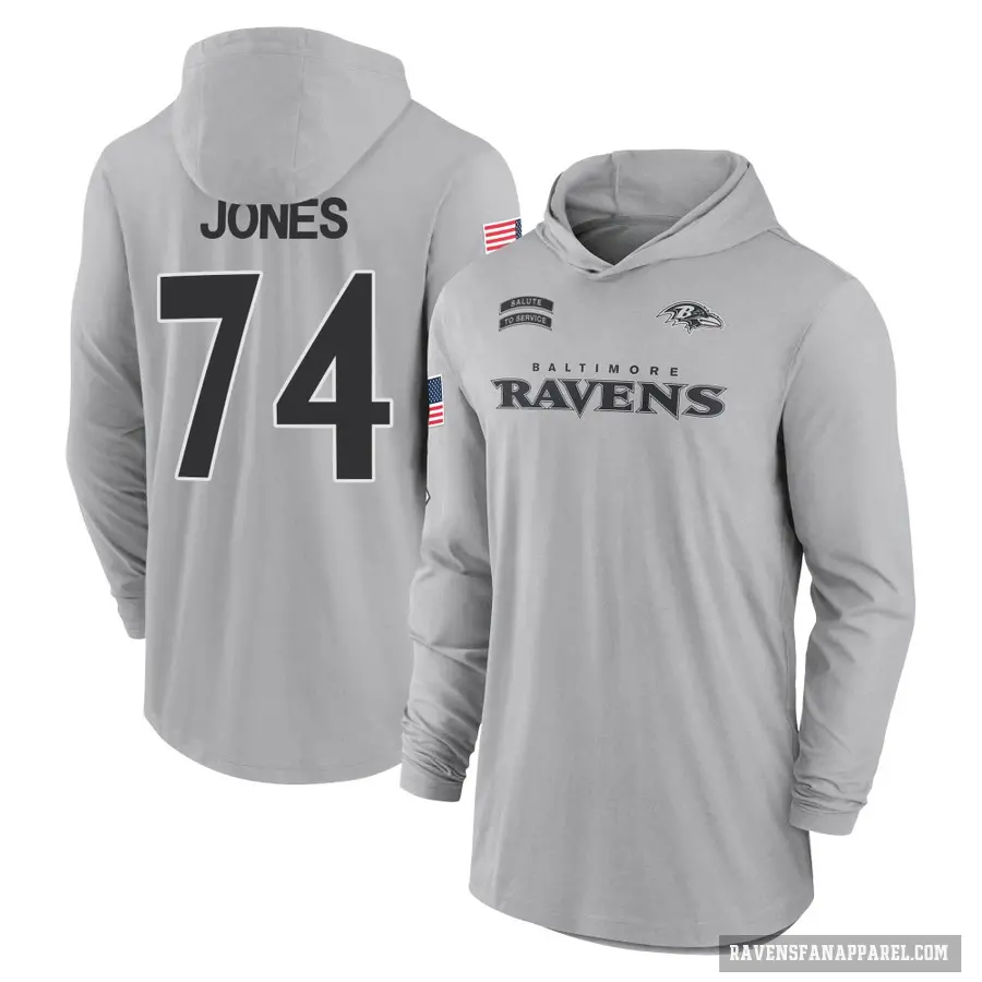 Men's ＃74 Josh Jones Baltimore Ravens Gray 2024 Salute to Service Lightweight Performance Long Sleeve Hooded T-Shirt