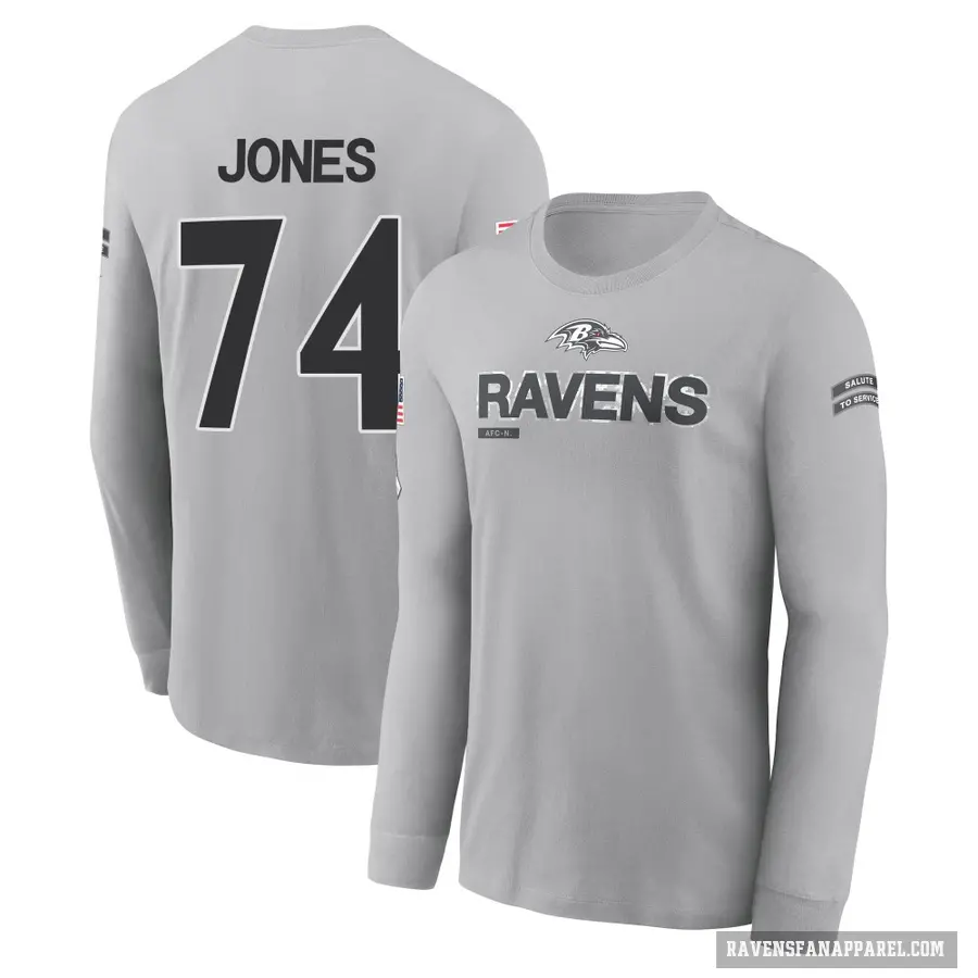 Men's ＃74 Josh Jones Baltimore Ravens Gray 2024 Salute to Service Long Sleeve T-Shirt