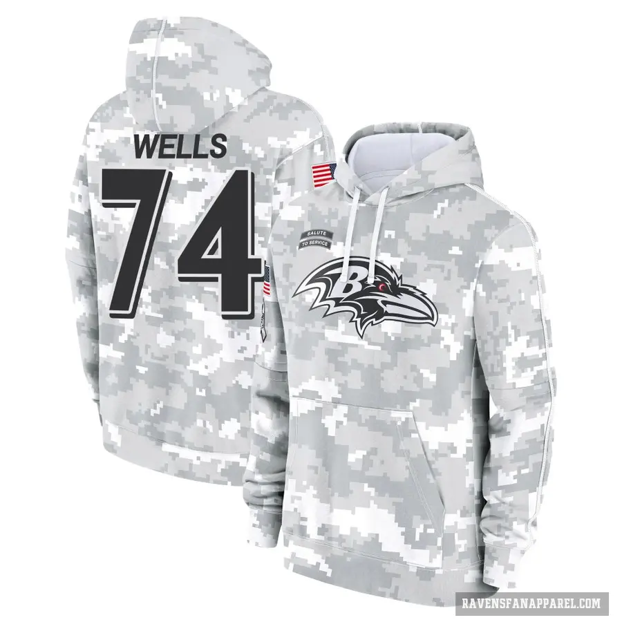 Men's ＃74 Josh Wells Baltimore Ravens Arctic Camo 2024 Salute to Service Club Fleece Pullover Hoodie