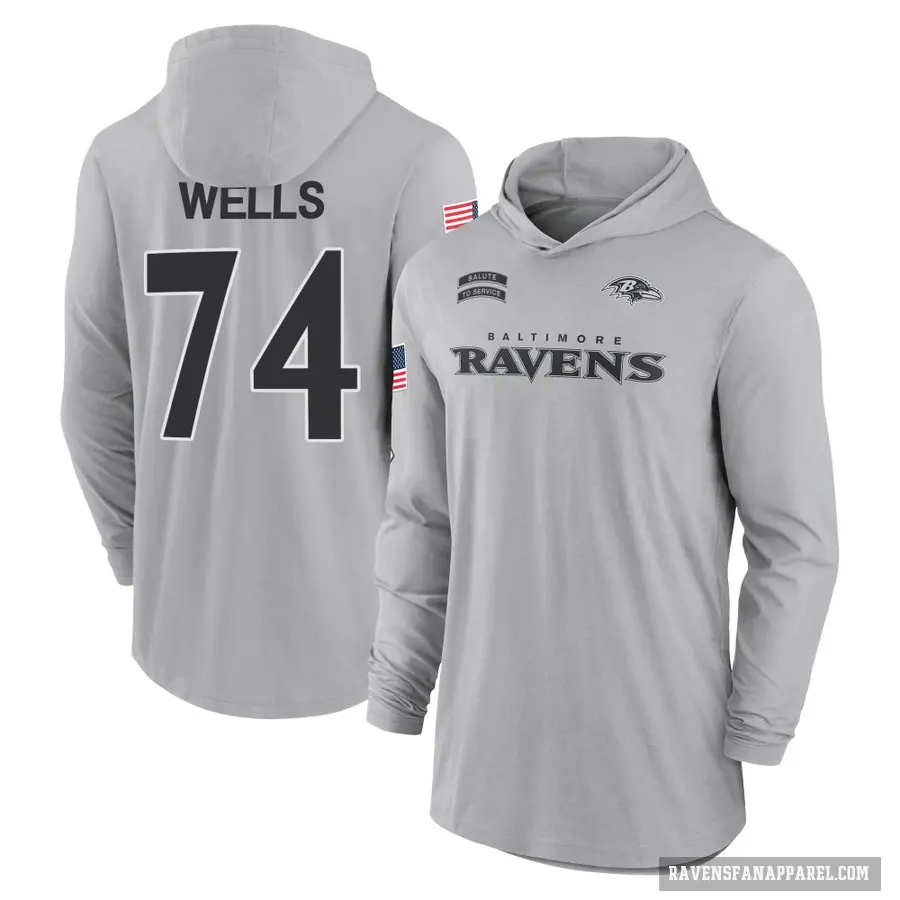 Men's ＃74 Josh Wells Baltimore Ravens Gray 2024 Salute to Service Lightweight Performance Long Sleeve Hooded T-Shirt