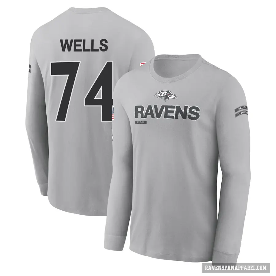 Men's ＃74 Josh Wells Baltimore Ravens Gray 2024 Salute to Service Long Sleeve T-Shirt