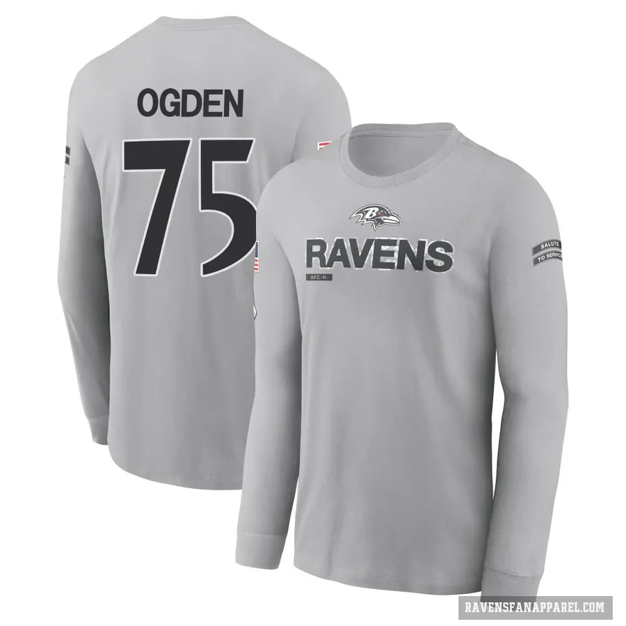 Men's ＃75 Jonathan Ogden Baltimore Ravens Gray 2024 Salute to Service Long Sleeve T-Shirt