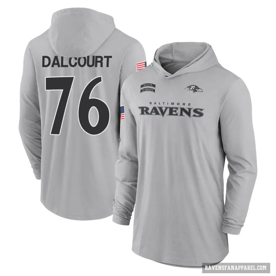 Men's ＃76 Darrian Dalcourt Baltimore Ravens Gray 2024 Salute to Service Lightweight Performance Long Sleeve Hooded T-Shirt