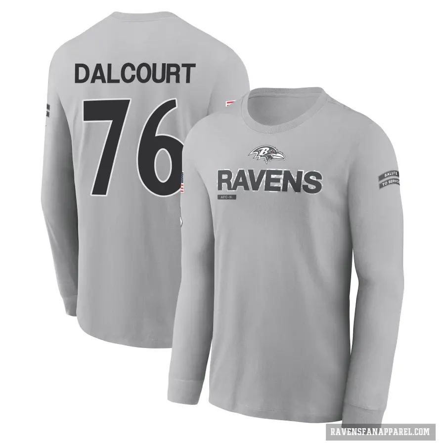 Men's ＃76 Darrian Dalcourt Baltimore Ravens Gray 2024 Salute to Service Long Sleeve T-Shirt