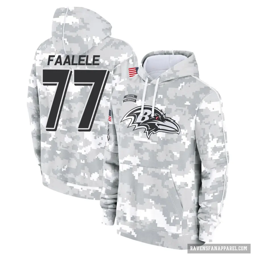 Men's ＃77 Daniel Faalele Baltimore Ravens Arctic Camo 2024 Salute to Service Club Fleece Pullover Hoodie