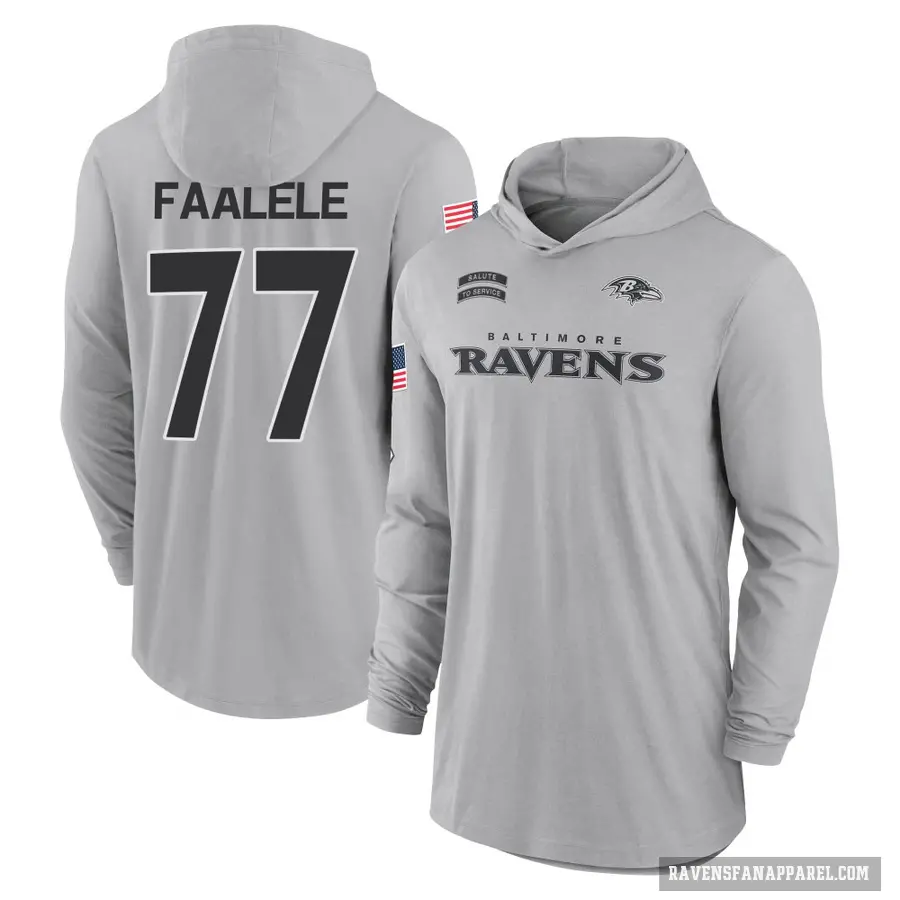 Men's ＃77 Daniel Faalele Baltimore Ravens Gray 2024 Salute to Service Lightweight Performance Long Sleeve Hooded T-Shirt