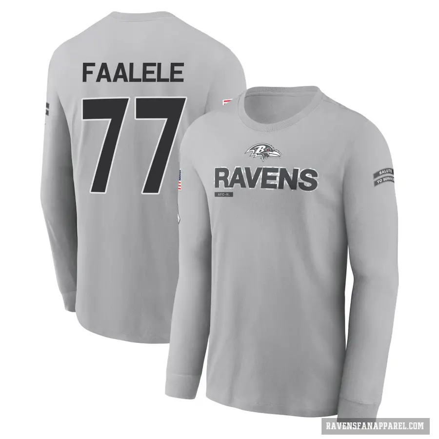 Men's ＃77 Daniel Faalele Baltimore Ravens Gray 2024 Salute to Service Long Sleeve T-Shirt