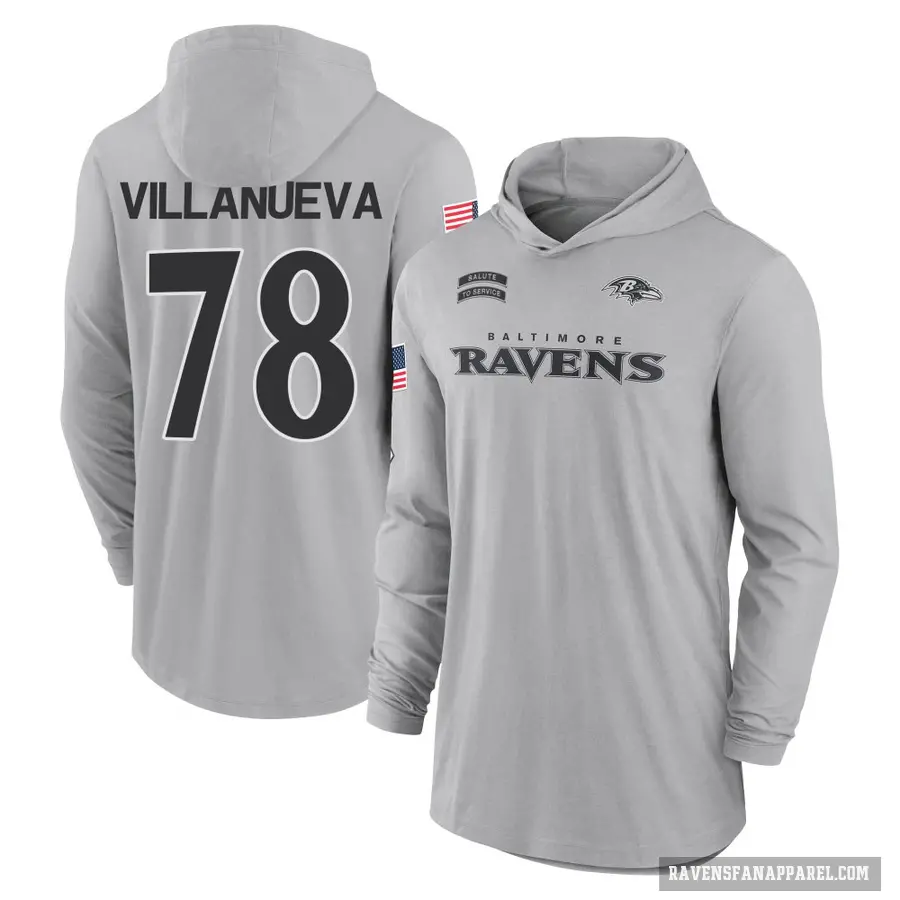 Men's ＃78 Alejandro Villanueva Baltimore Ravens Gray 2024 Salute to Service Lightweight Performance Long Sleeve Hooded T-Shirt