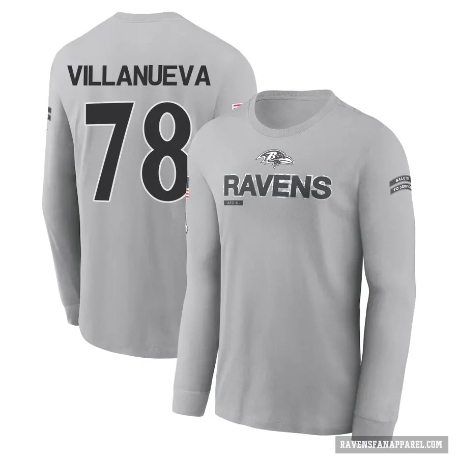 Men's ＃78 Alejandro Villanueva Baltimore Ravens Gray 2024 Salute to Service Long Sleeve T-Shirt