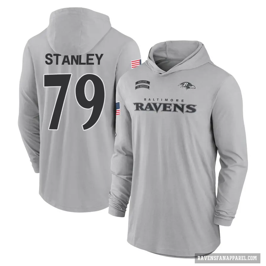 Men's ＃79 Ronnie Stanley Baltimore Ravens Gray 2024 Salute to Service Lightweight Performance Long Sleeve Hooded T-Shirt