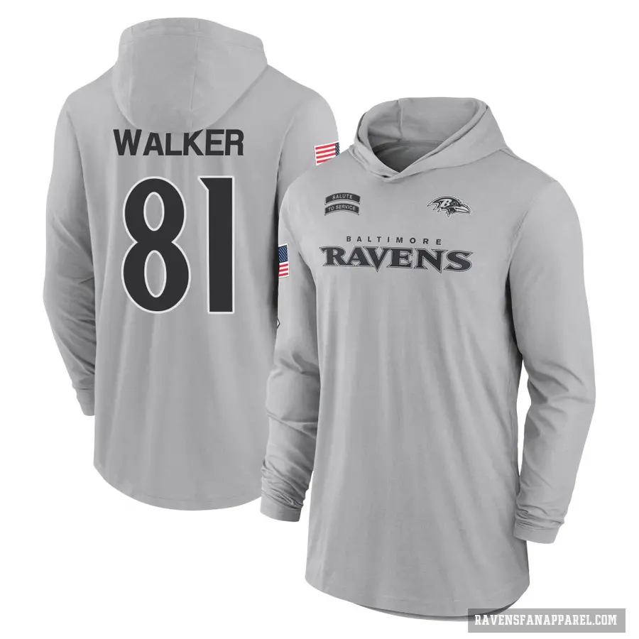 Men's ＃81 Devontez Walker Baltimore Ravens Gray 2024 Salute to Service Lightweight Performance Long Sleeve Hooded T-Shirt