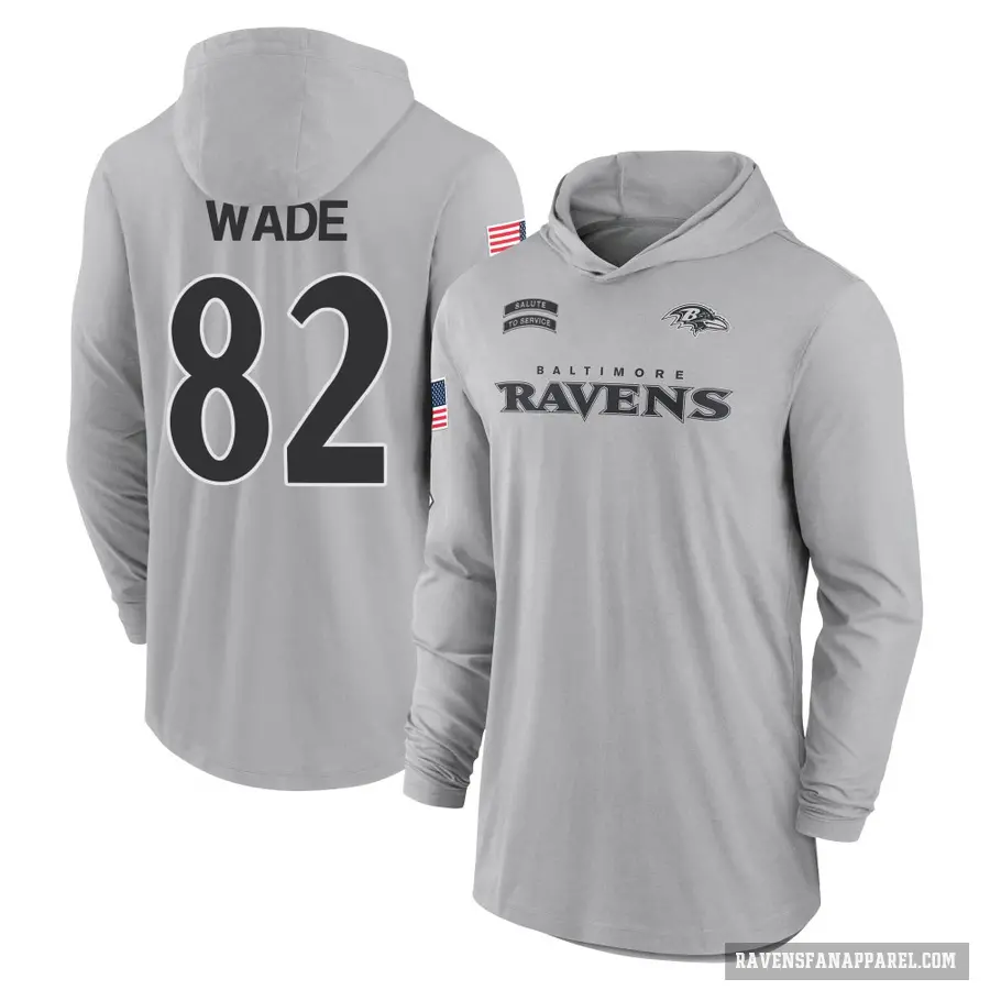 Men's ＃82 Dayton Wade Baltimore Ravens Gray 2024 Salute to Service Lightweight Performance Long Sleeve Hooded T-Shirt