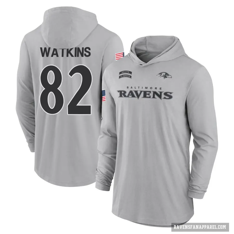 Men's ＃82 Sammy Watkins Baltimore Ravens Gray 2024 Salute to Service Lightweight Performance Long Sleeve Hooded T-Shirt