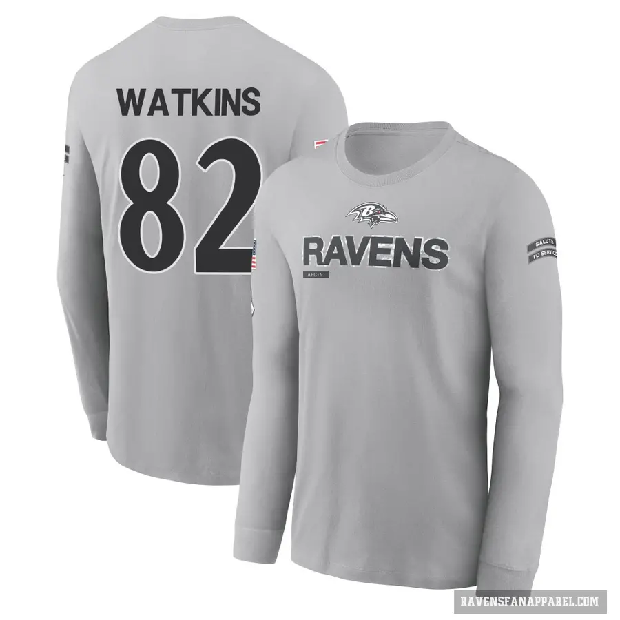 Men's ＃82 Sammy Watkins Baltimore Ravens Gray 2024 Salute to Service Long Sleeve T-Shirt