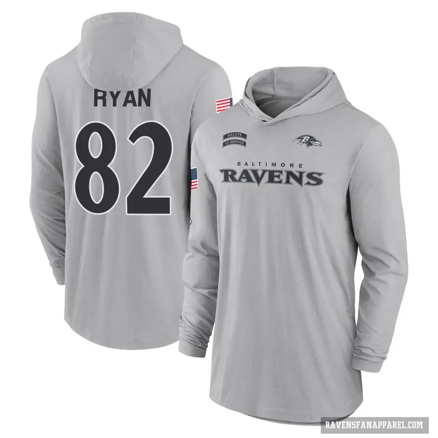 Men's ＃82 Sean Ryan Baltimore Ravens Gray 2024 Salute to Service Lightweight Performance Long Sleeve Hooded T-Shirt