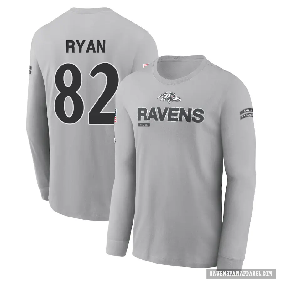 Men's ＃82 Sean Ryan Baltimore Ravens Gray 2024 Salute to Service Long Sleeve T-Shirt