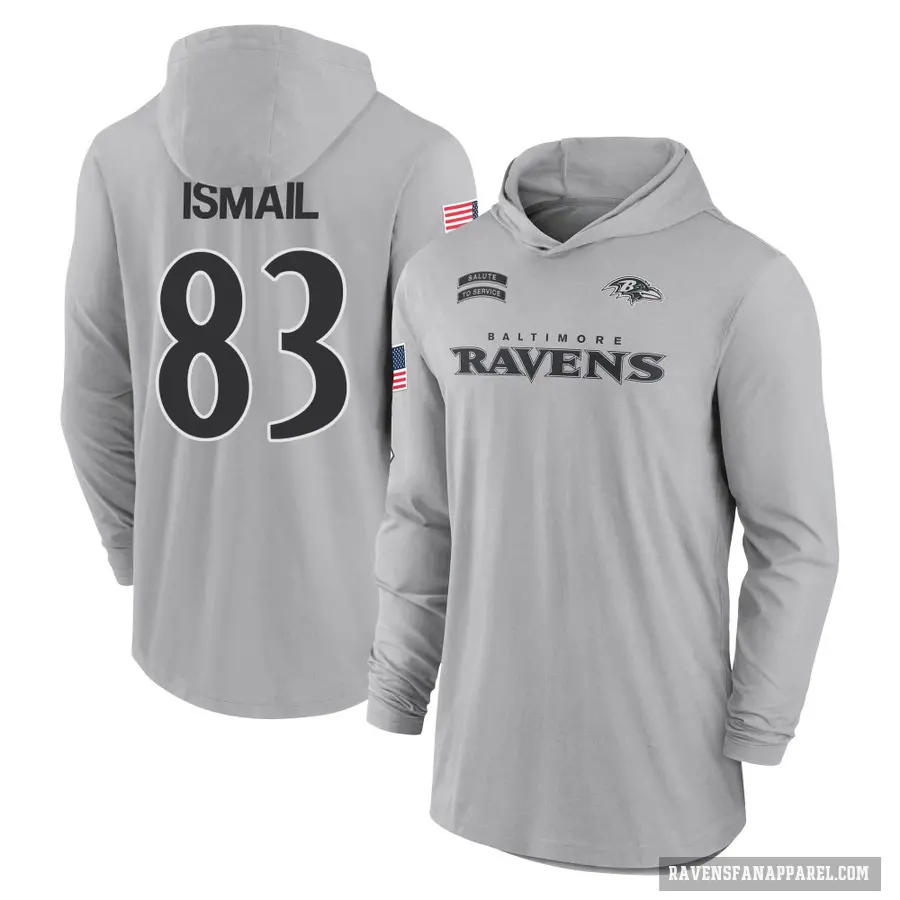 Men's ＃83 Qadir Ismail Baltimore Ravens Gray 2024 Salute to Service Lightweight Performance Long Sleeve Hooded T-Shirt