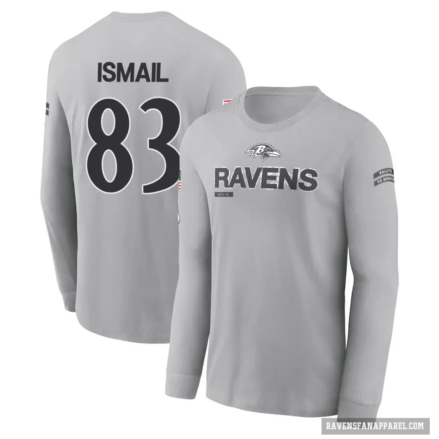 Men's ＃83 Qadir Ismail Baltimore Ravens Gray 2024 Salute to Service Long Sleeve T-Shirt