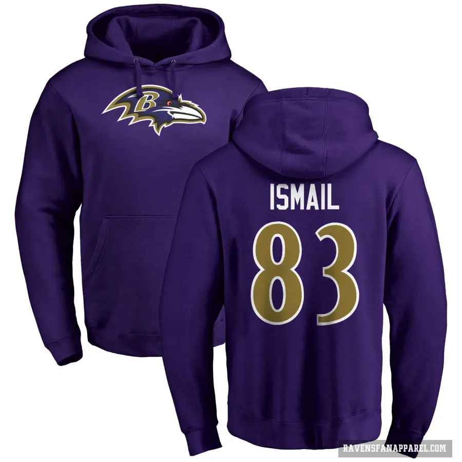 Men's ＃83 Qadir Ismail Baltimore Ravens Purple Pro Line by Branded Name & Number Logo Pullover Hoodie